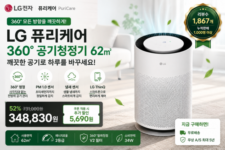 LG전자 퓨리케어 360도 Hit 공기청정기 62㎡ AS156HWWL