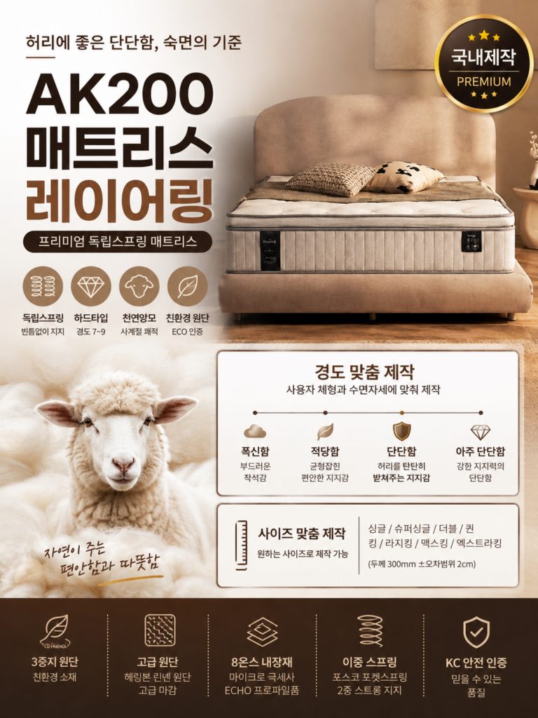 메이킹AK200 허리에 좋은 매트리스 단단한 독립스프링 필로우탑 국내제작 천연양모 메트리스 / 허리 지지력 좋은 30cm 하드타입 독립스프링 매트리스