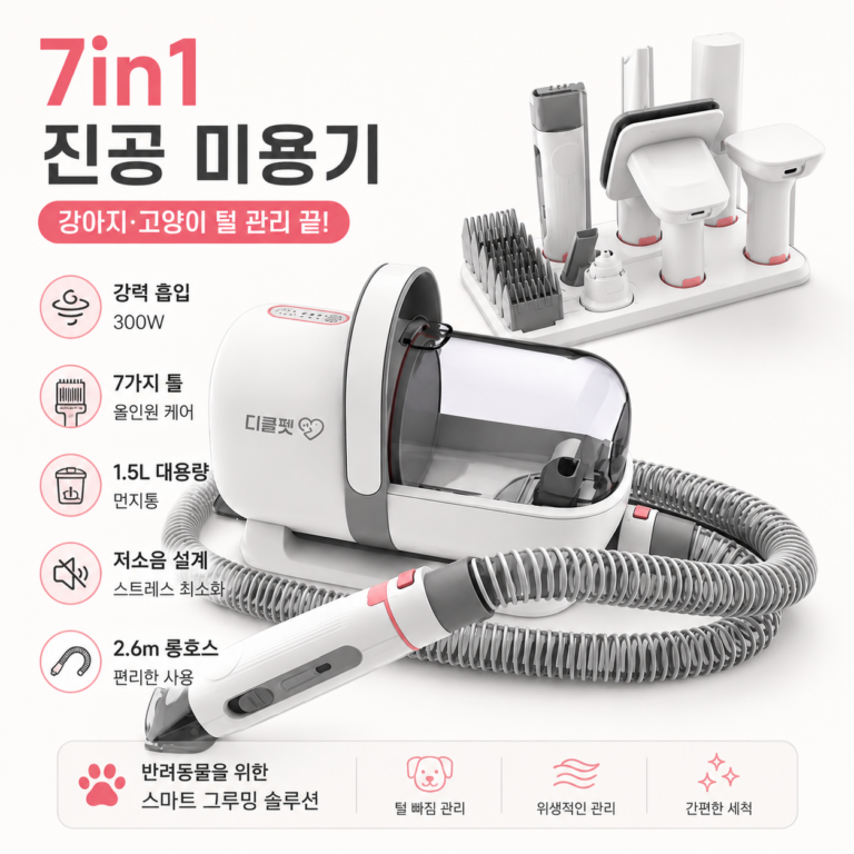 디클펫(Dicle Pet) 7in1 진공 흡입기 펫 미용기 강아지 고양이 무선 바리깡 애견 미용 올인원 이발기 클리퍼 트리머 브러쉬 CLM1